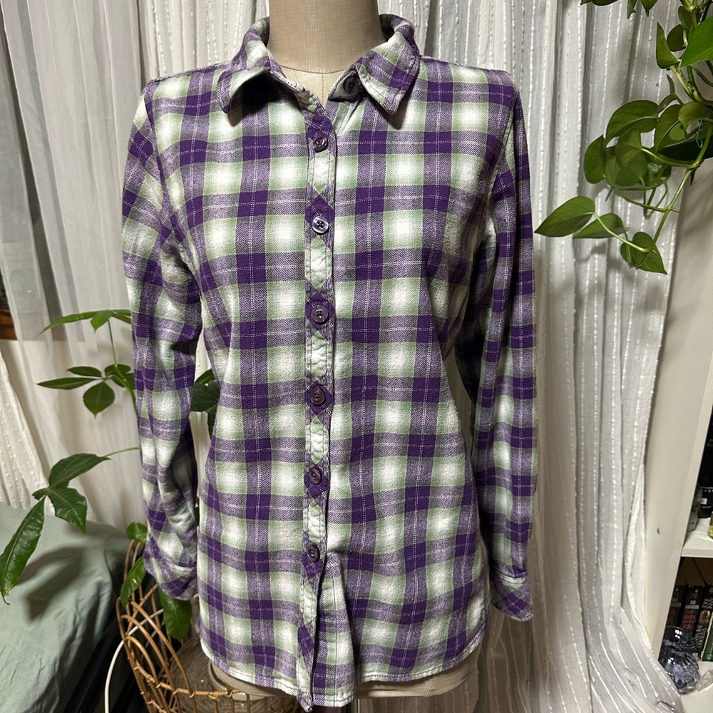 Purple and White Plaid Button-Up Shirt